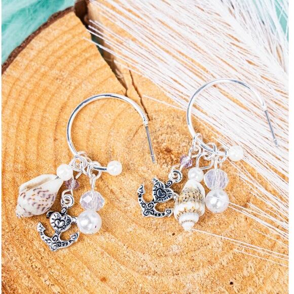 Anchor Shell and Iridescent Bead Charm Hoop Earrings - Picture 1 of 2